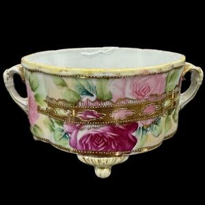 Antique Nippon Hand Painted Footed Ferner Bowl Raised Gold Design W/Pink Roses
